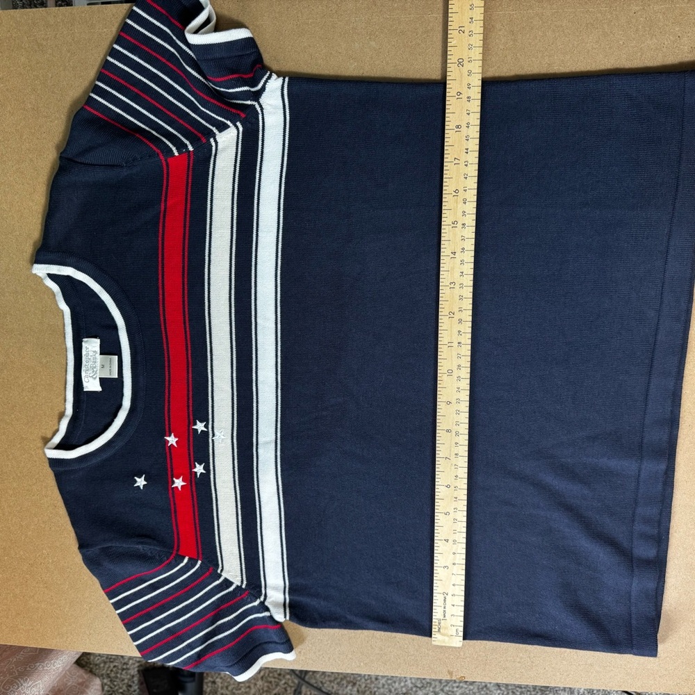 Christopher Banks Patriotic Navy Striped Star Knit Tee Size Medium Granny Chic - Picture 6 of 9